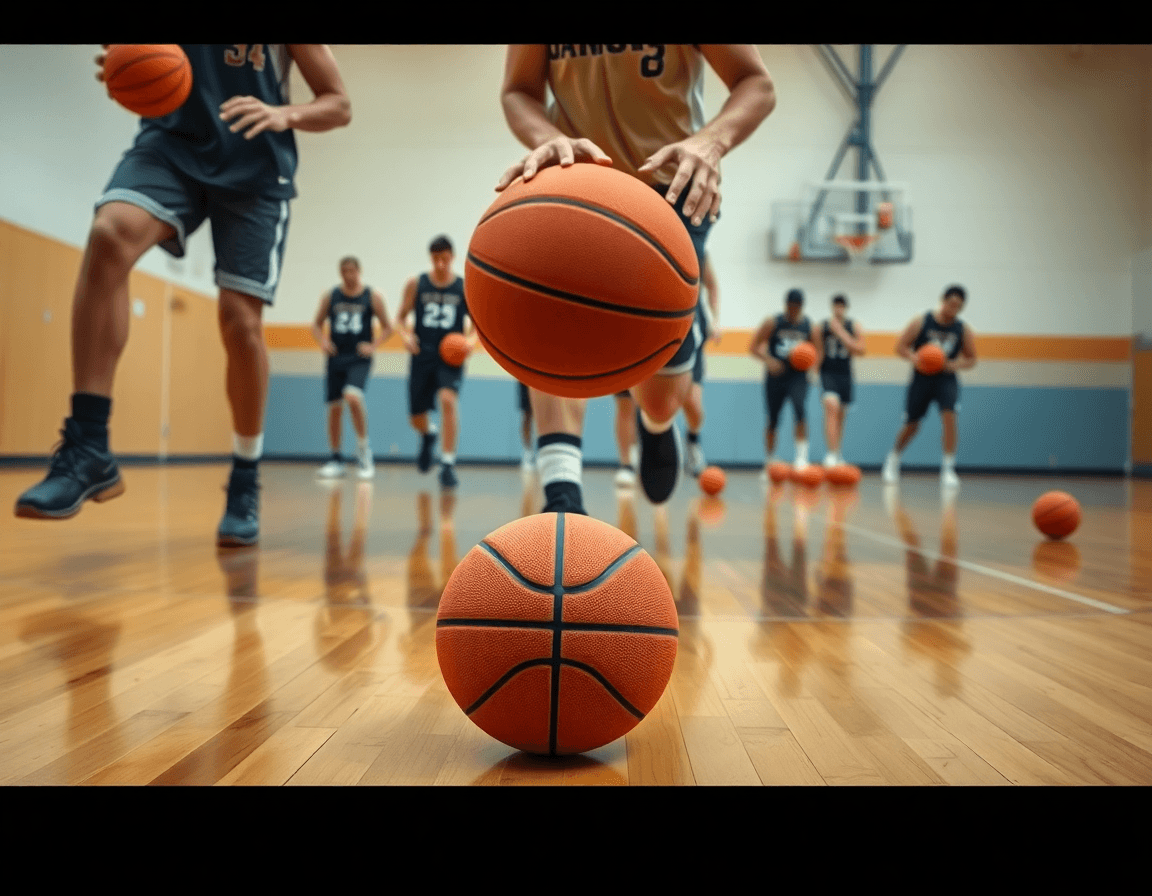 Close-up on youth shooting drills: hands on the basketball near the hardwood hoop.