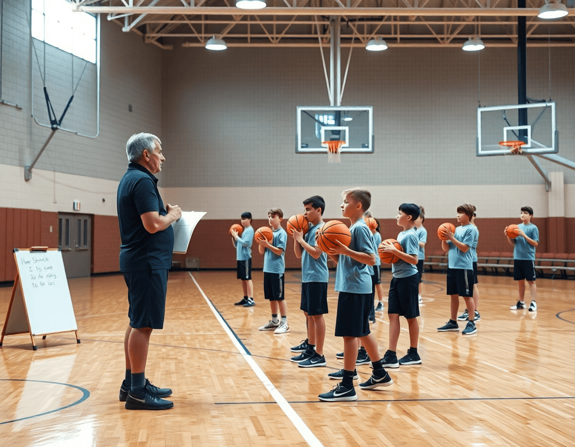 Wide shot of youth shooting drills in a basketball gym with coach guiding players near the hoop.