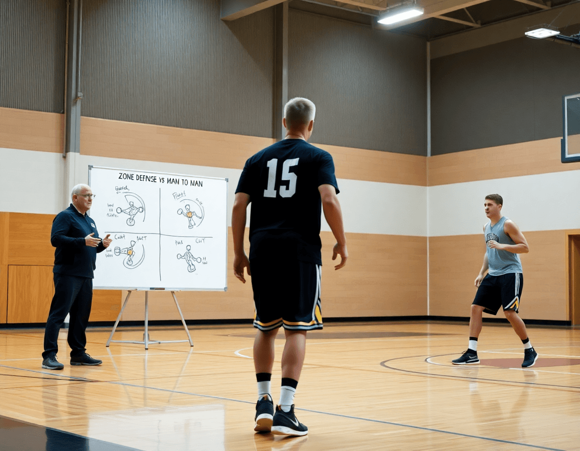 Close-up of coach explaining zone defense vs man to man on a whiteboard during basketball practice.