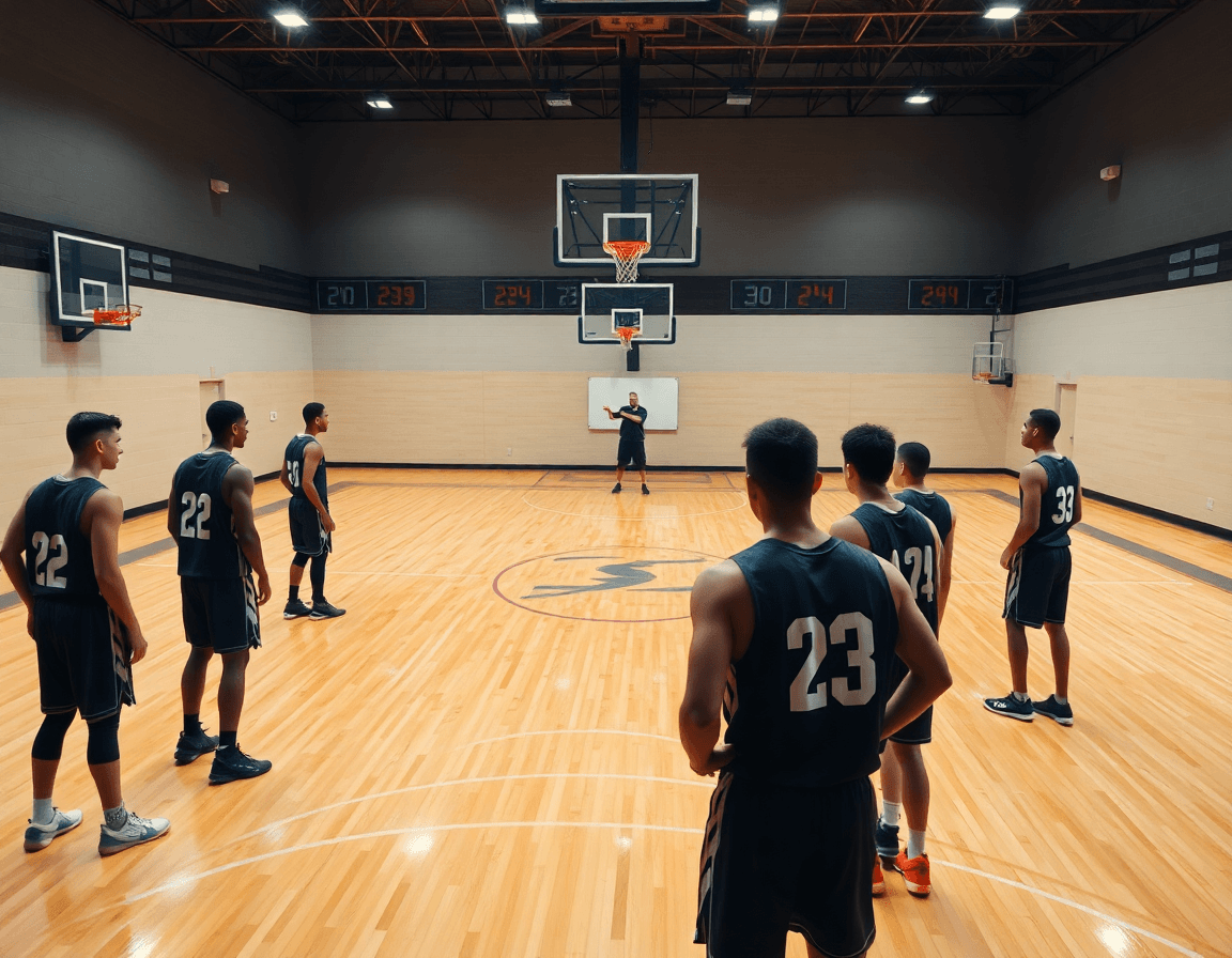 Explaining zone defense vs man to man in a 2-3 zone drill on the basketball court.