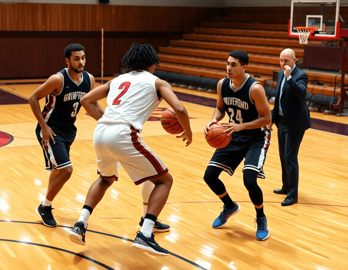 Coaching zone defense vs man to man pressure and rotations during basketball practice.