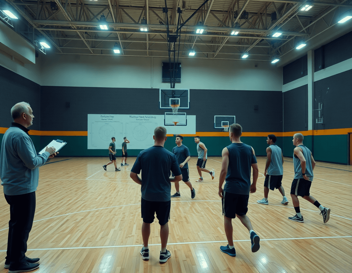 Courtside basketball scene showing zone defense vs man to man practice on a basketball court.