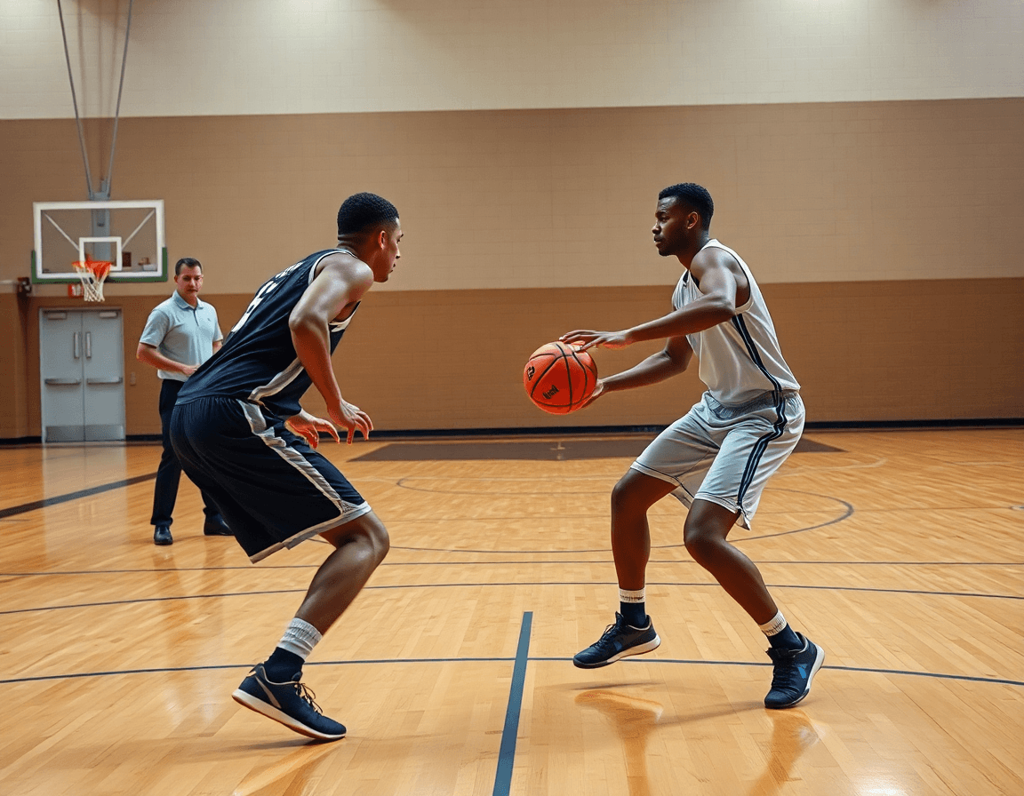 Ejercicio de defensa perimetral: 5 ejercicios de defensa individual baloncesto visibles en la cancha.