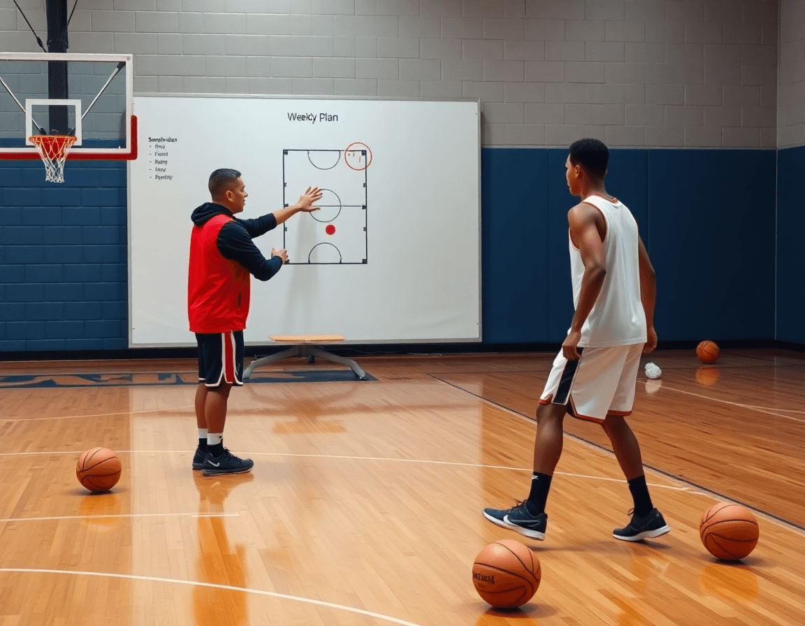 Ala pivot baloncesto caracteristicas en primer plano durante una rutina de transición bajo la supervisión del entrenador.