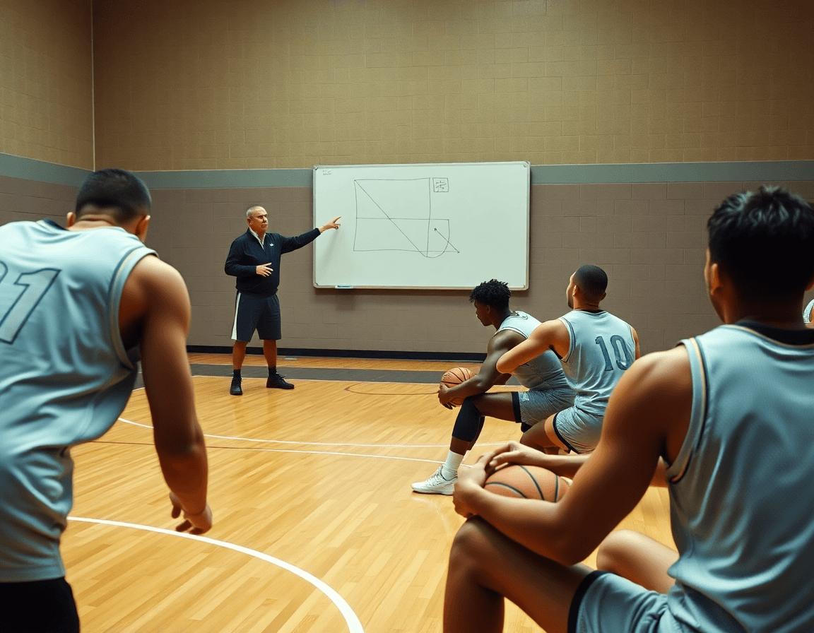 Diagrama de juego y scouting para ala pivot baloncesto caracteristicas mostrado por entrenador señalando tácticas en la pizarra.