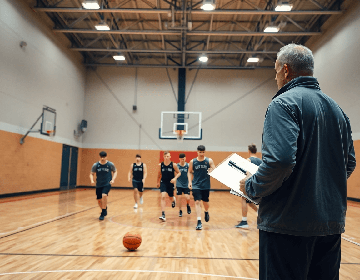 Ala pivot baloncesto definicion representada en una escena de entrenamiento con un entrenador y jugadores.