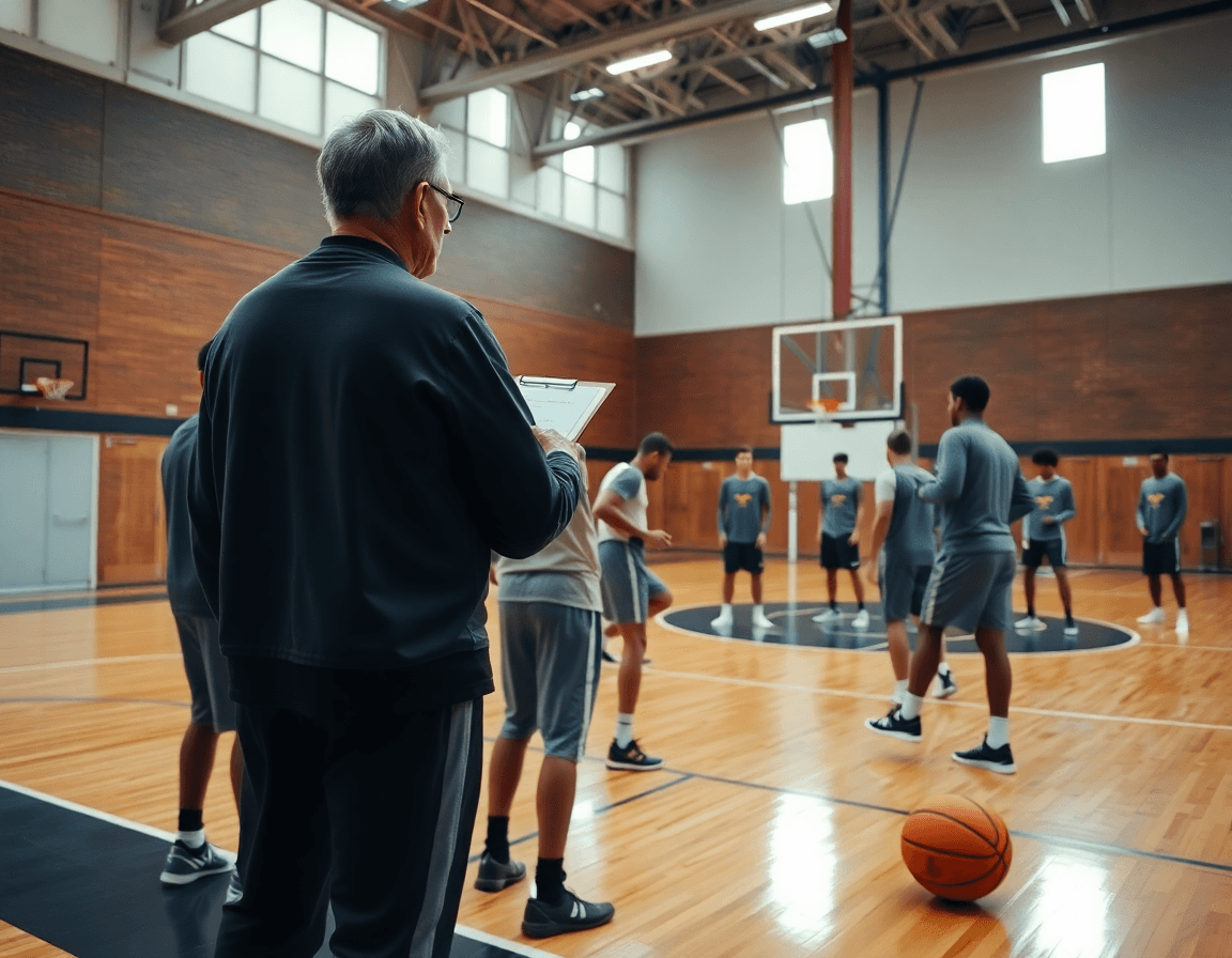 El ala pívot baloncesto función se muestra en una sesión amplia de gimnasio de baloncesto con entrenador.