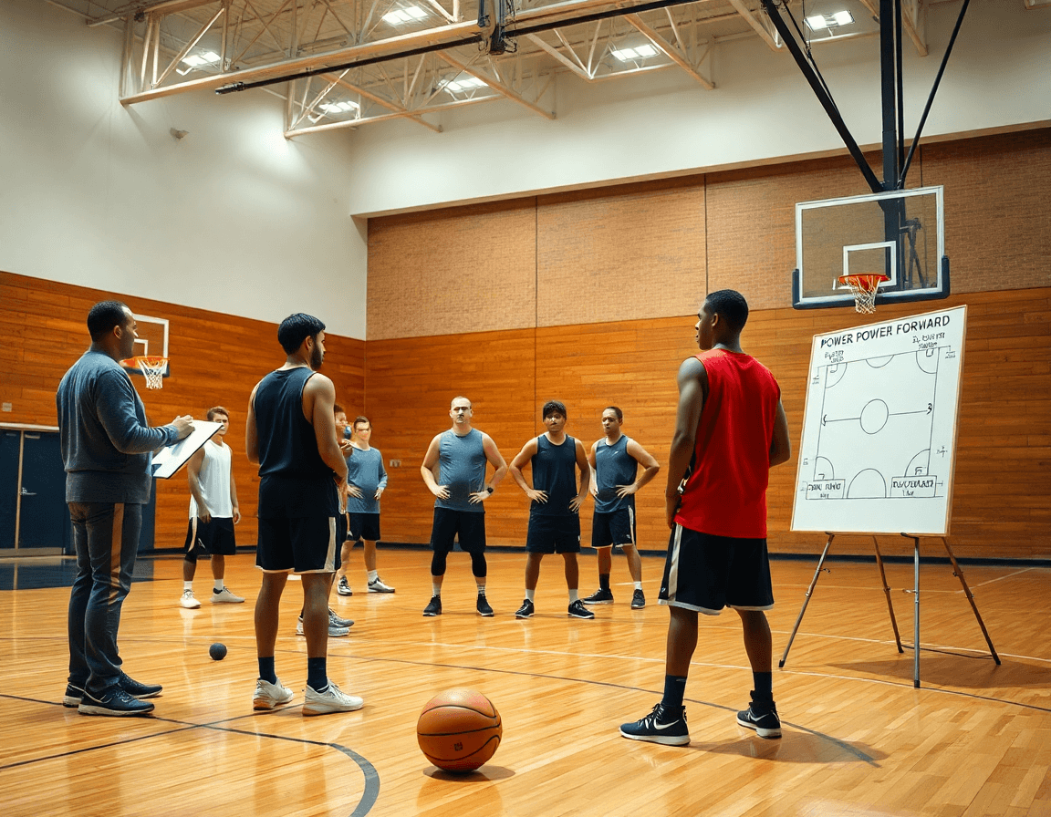 Sesión de baloncesto en un gimnasio donde el ala pivot baloncesto que hace guía al equipo.