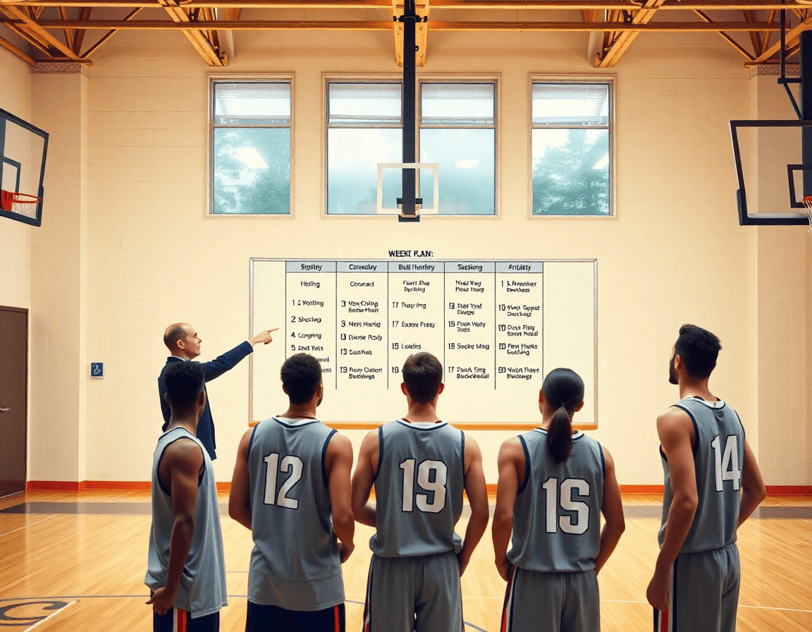 Plan semanal para alero en baloncesto: entrenamiento, tiro y manejo de balón en el gimnasio.