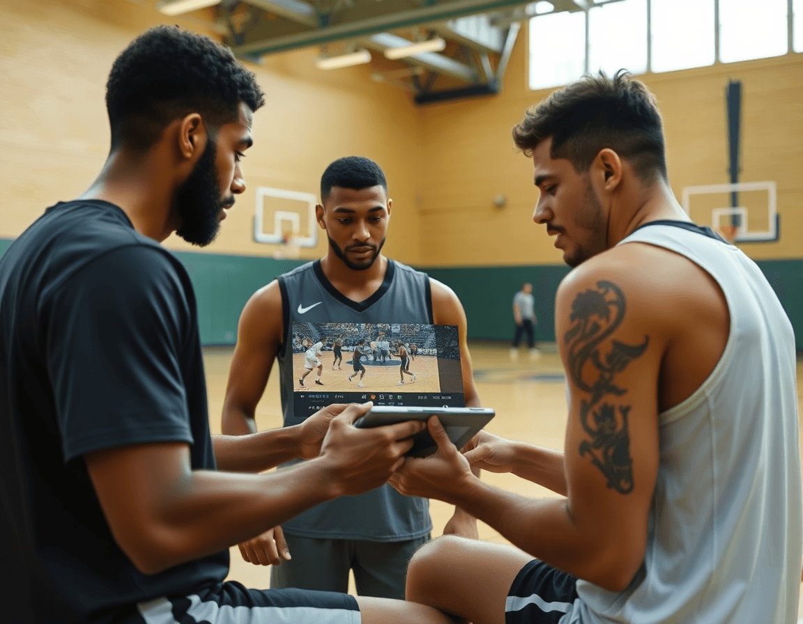 Video clips y análisis para alero en baloncesto: jugadores observan y aprenden desde la pantalla.