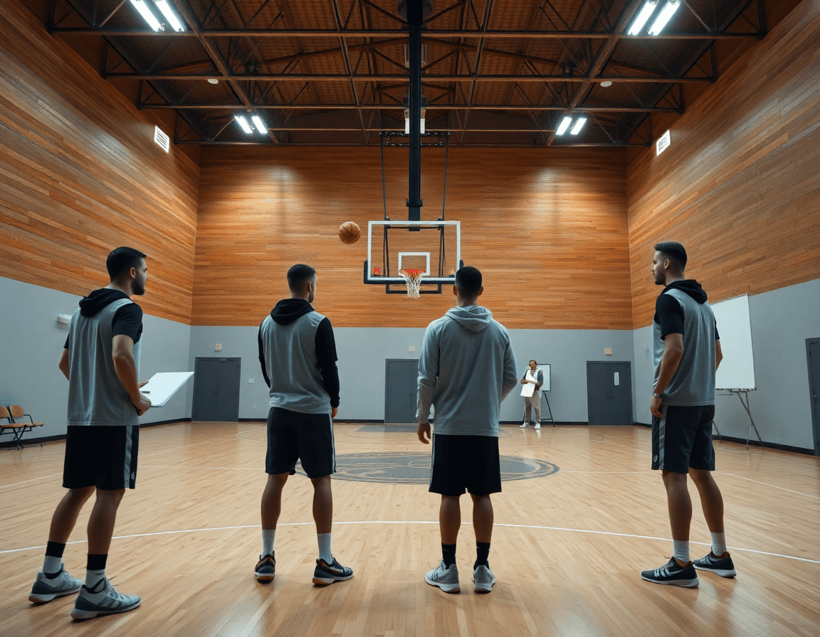 Alero posicion baloncesto en ingles: entrenador y equipo en pista practicando movimientos de alero en baloncesto.