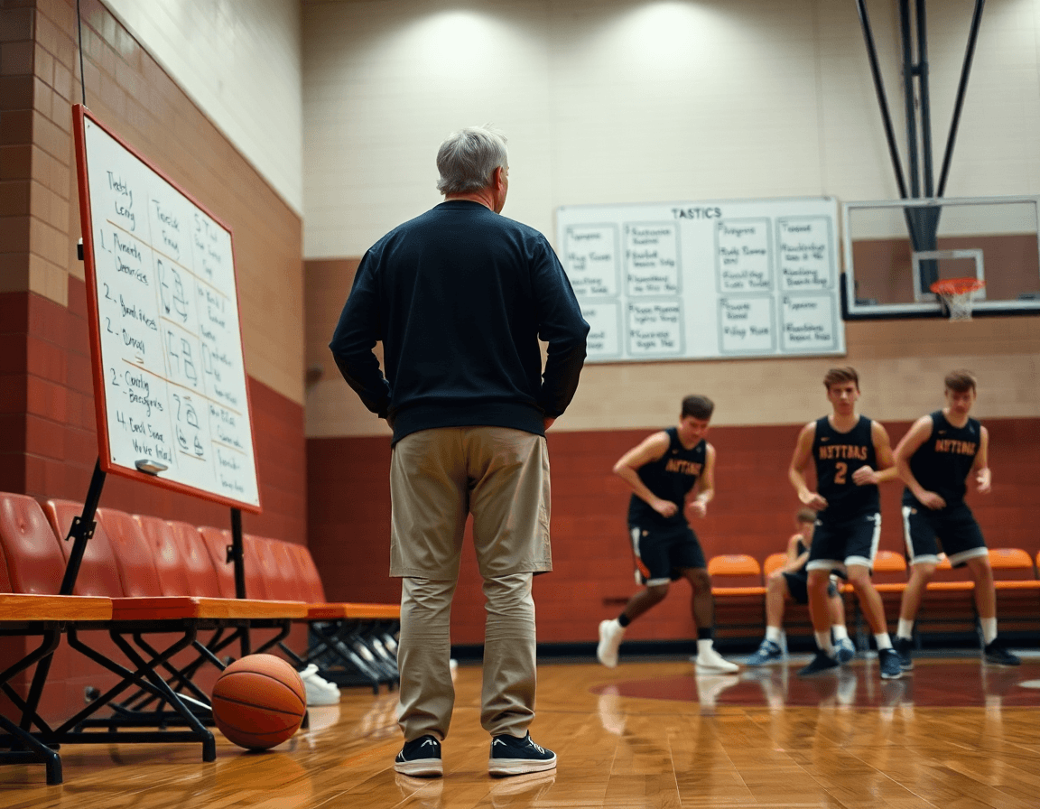Entrenador y jugadores preparando ataque defensa baloncesto semanal frente a defensas, en una cancha real.
