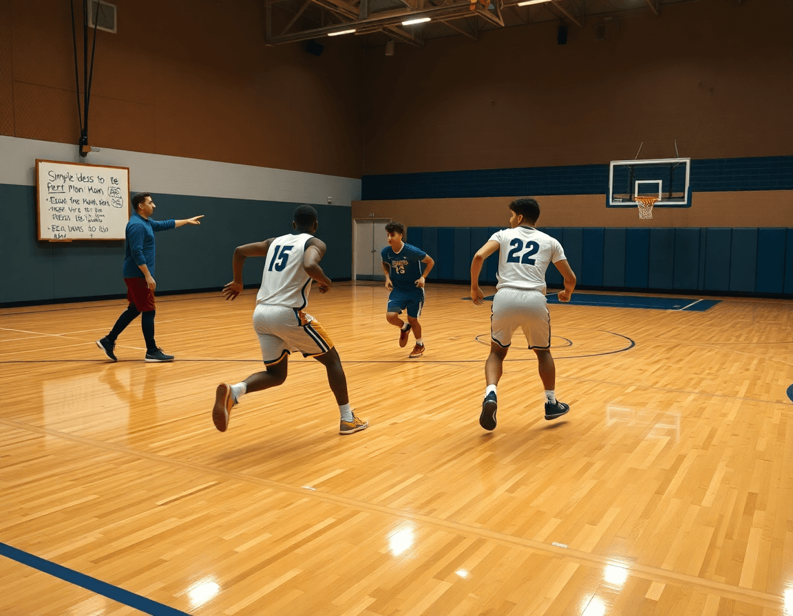 Dos jugadores ejecutan un pase rápido mientras el entrenador señala la jugada de ataque defensa baloncesto.