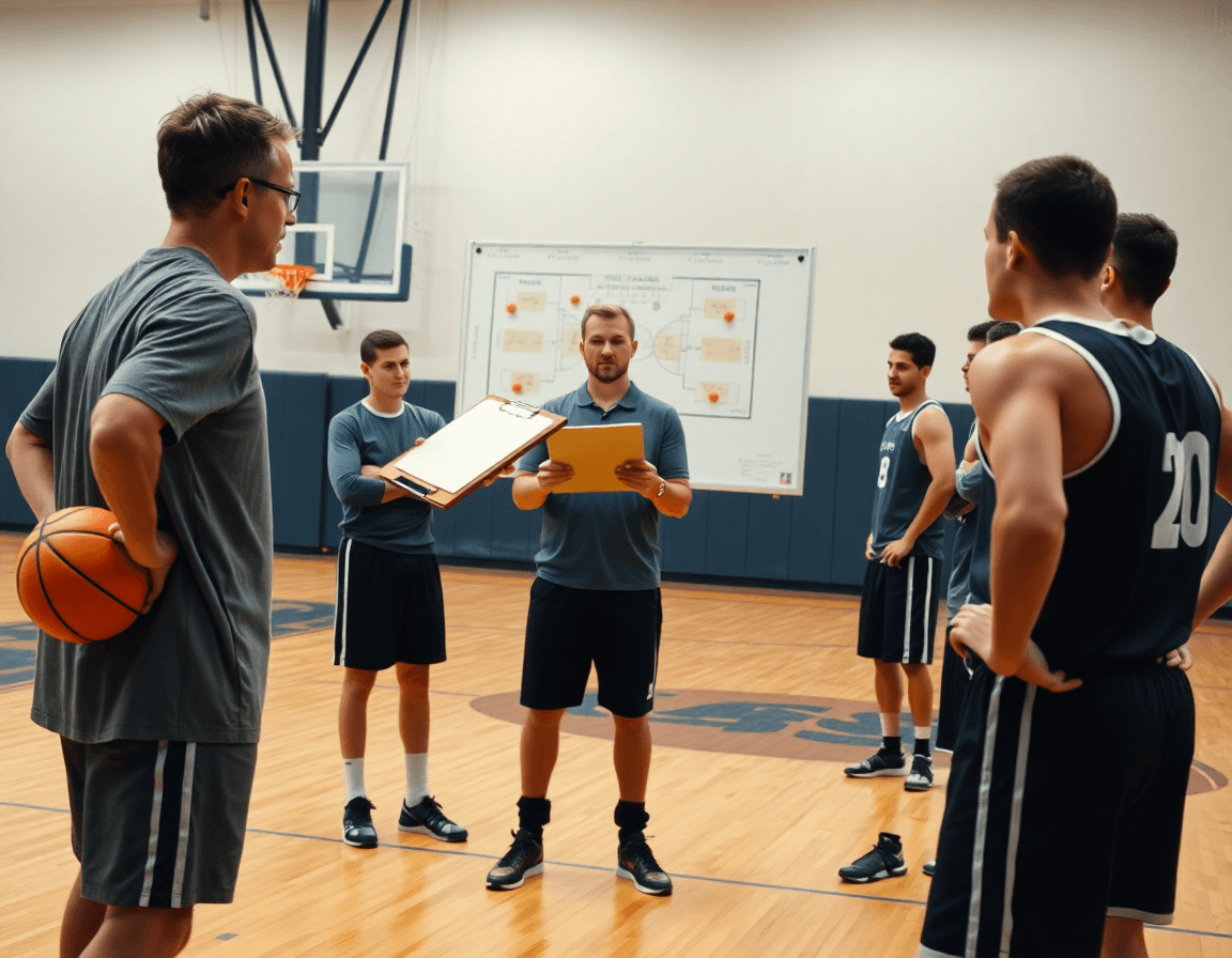 El entrenador dibuja una jugada de ataque defensa baloncesto en la pizarra y los jugadores la ejecutan.