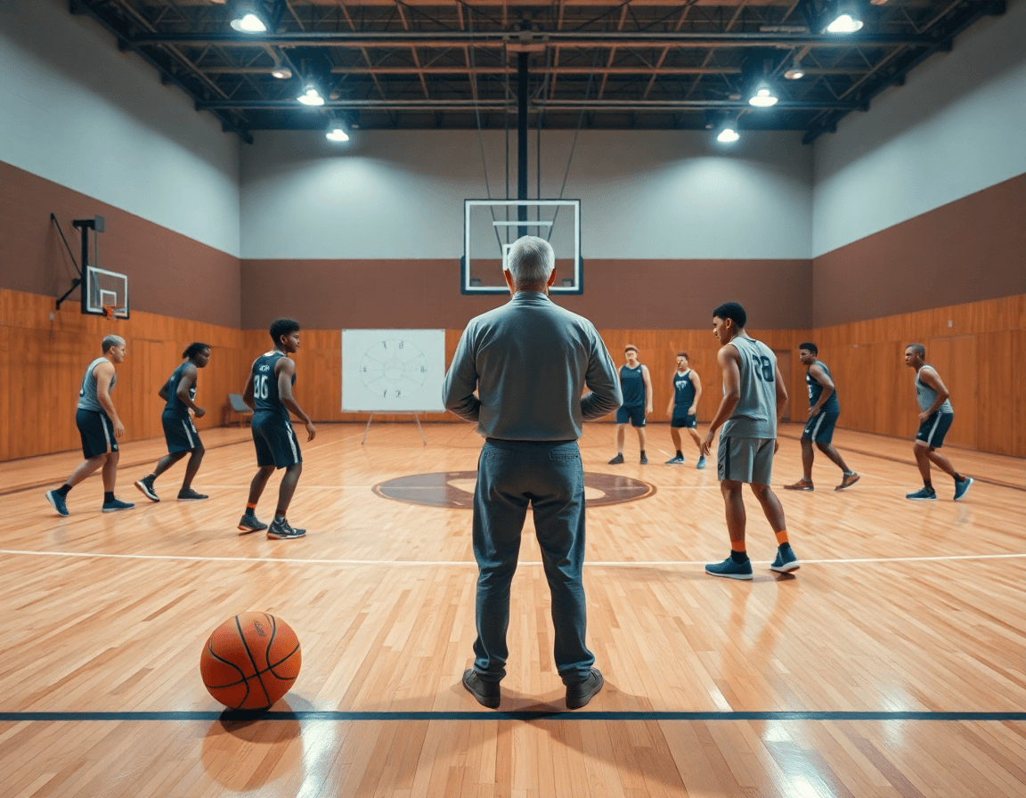 Entrenador dirige ataque defensa baloncesto en una cancha de baloncesto con jugadores concentrados.