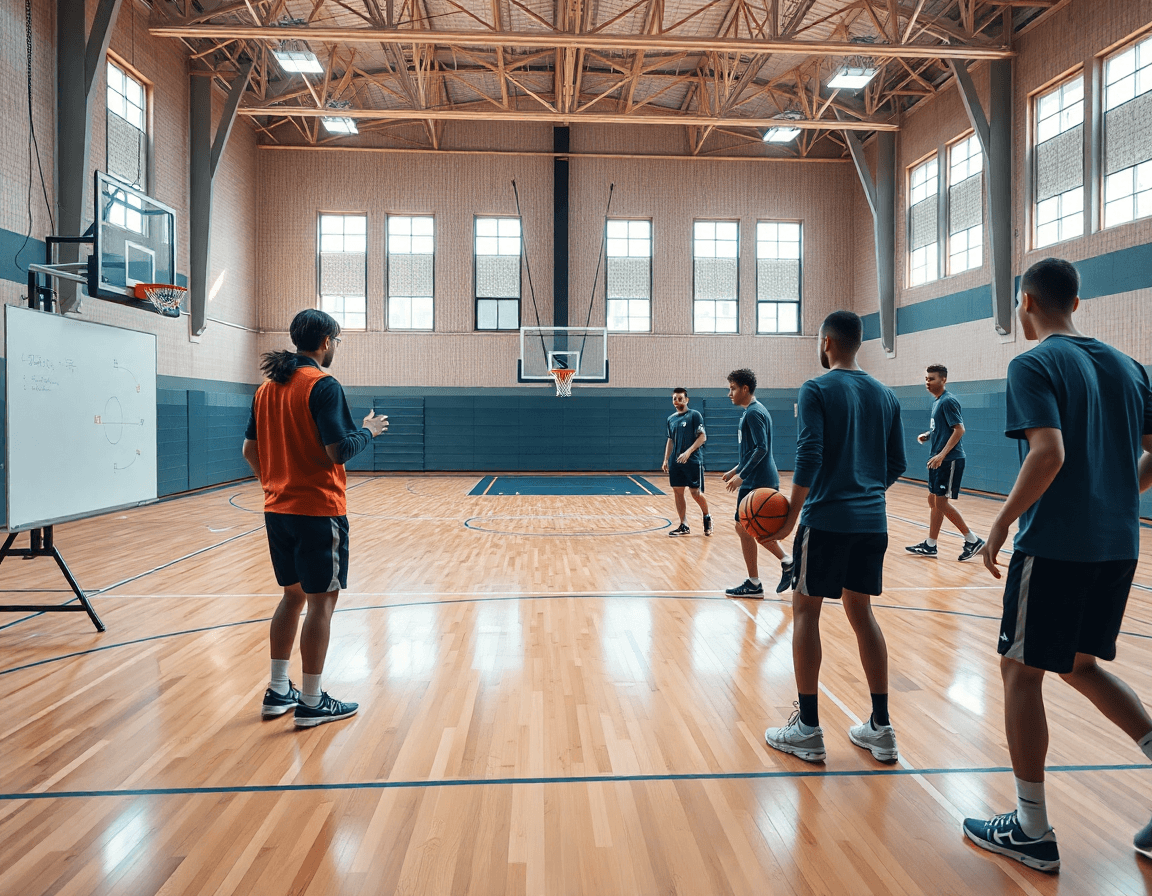 Equipo de baloncesto entrena ejercicios ataque contra zona baloncesto en una cancha de madera luminosa.