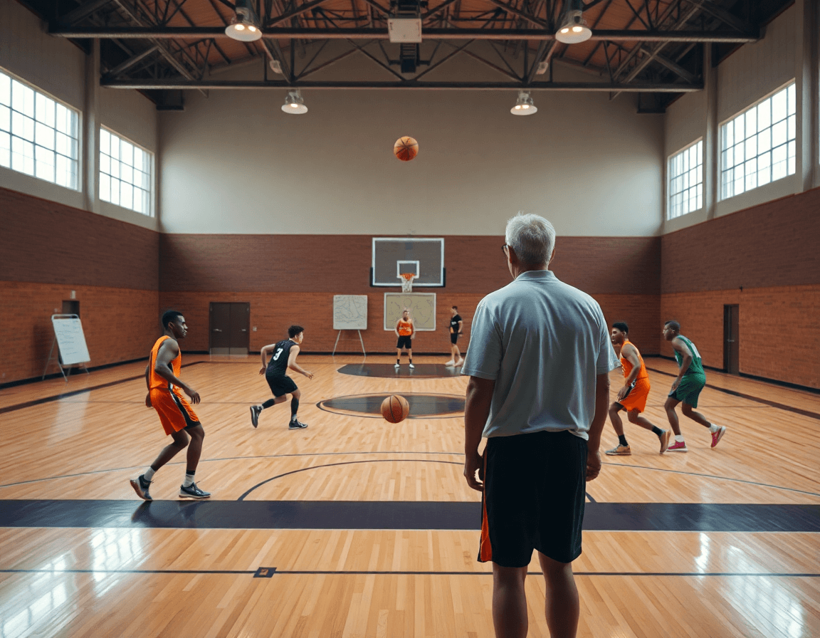 Entrenadores revisan ejercicios ataque contra zona baloncesto en la tabla táctica durante entrenamiento intenso.