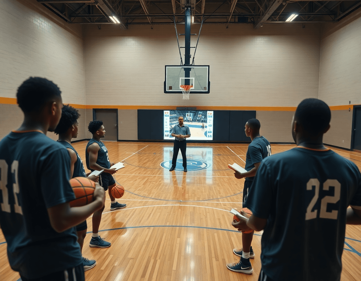 Entrenador revisa clips de video para ejercicios ataque contra zona baloncesto y preparación de rivales.