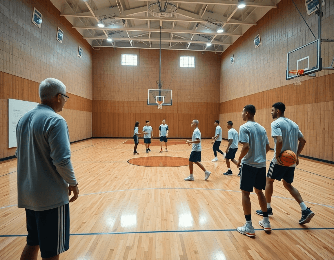 Equipo de baloncesto practica ejercicios ataque contra zona baloncesto en gimnasio iluminado.