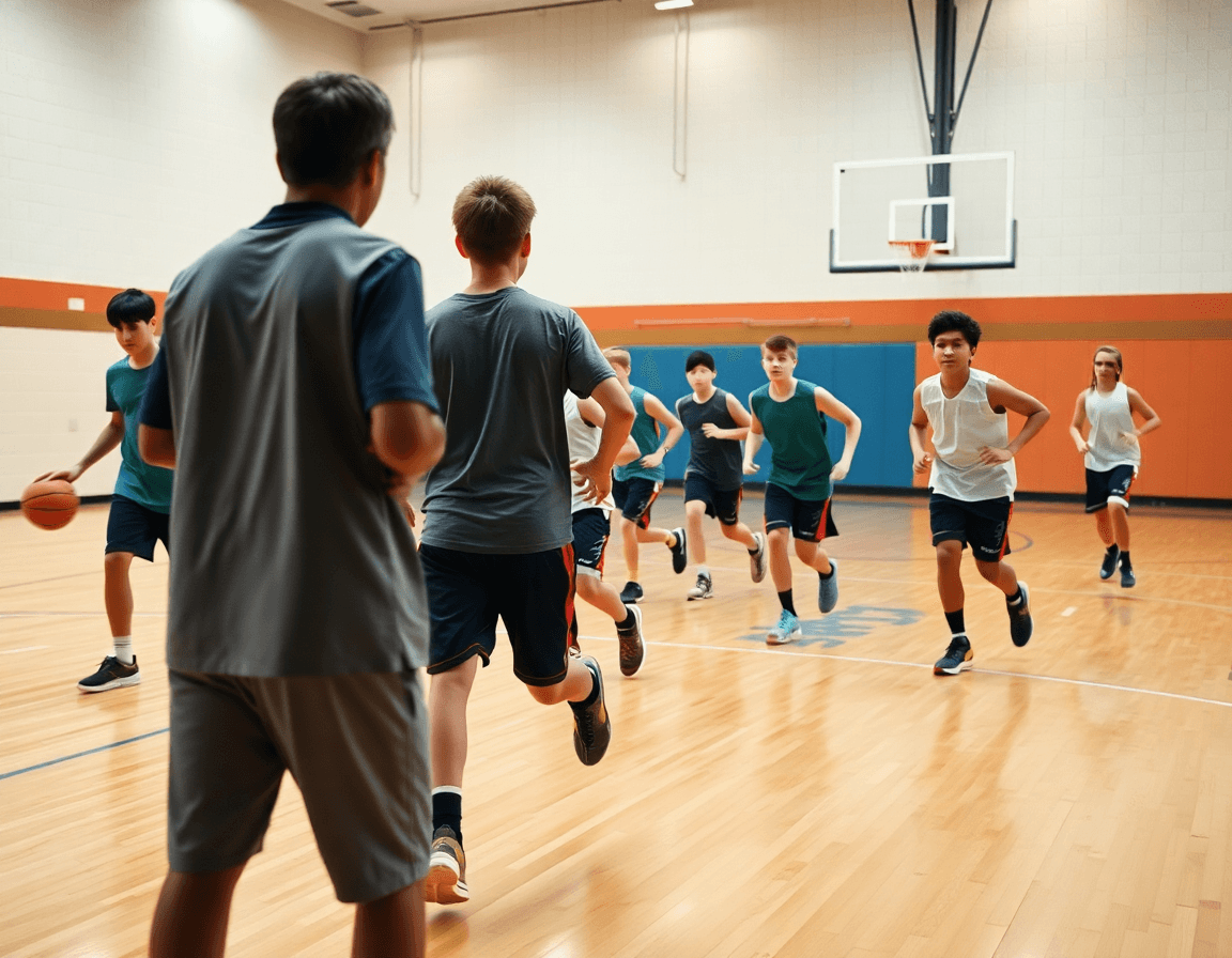 baloncesto cantera: jóvenes jugadores practican contraataque en la cancha de baloncesto real, con entrenador observando.