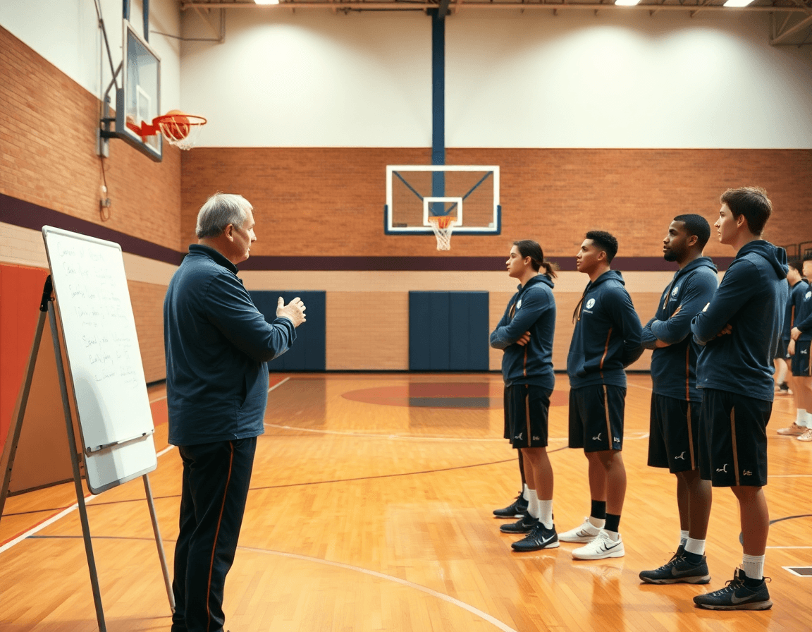 baloncesto cantera en la cancha: entrenador dirige el plan mientras los jugadores observan.