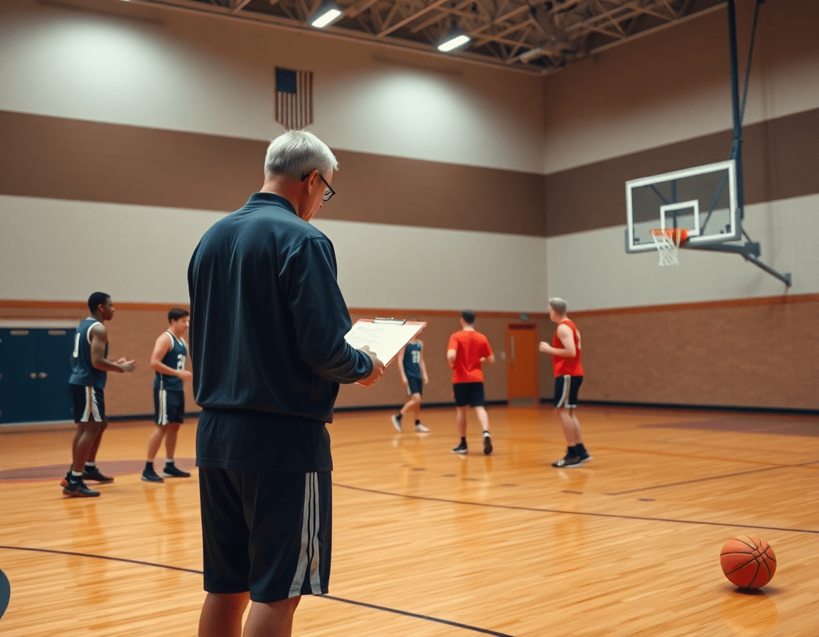 baloncesto cantera en movimiento: jugadores realizan una secuencia de pases y cortes bajo iluminación.