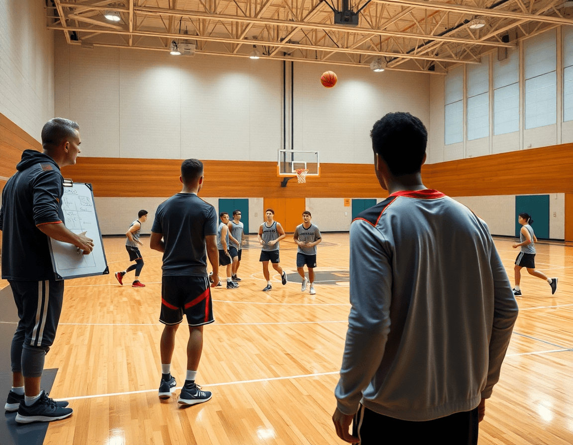 baloncesto cantera en un gran gimnasio: entrenador y equipo practicando en la cancha de baloncesto, con iluminación.