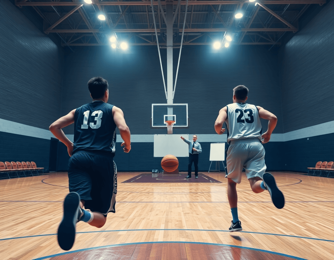 Baloncesto como deporte se ve en la práctica; entrenador orienta a jugadores durante ejercicios.