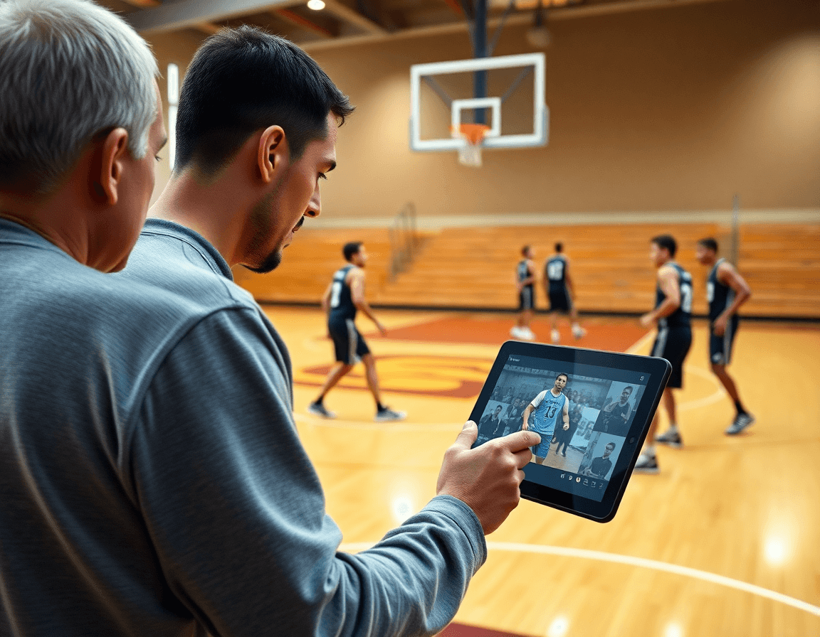 Baloncesto como deporte se enseña con video en la cancha, jugadores atentos ejecutan pases.