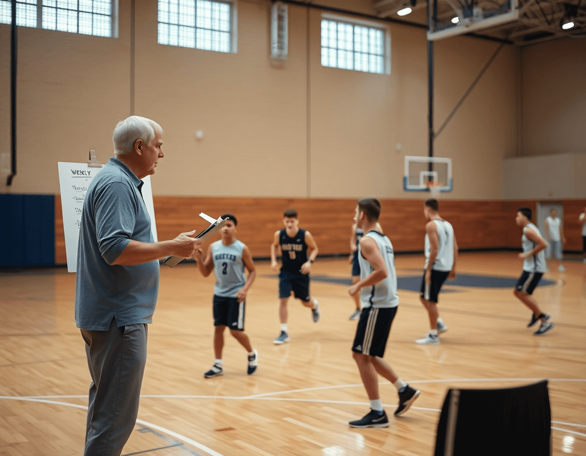 Baloncesto como deporte se organiza: entrenador explica flujo semanal mientras todos practican.