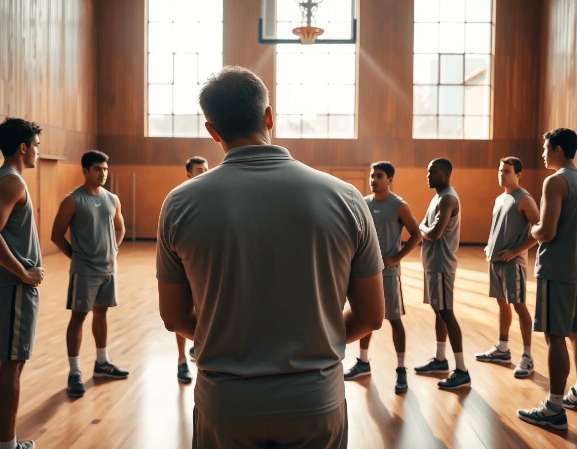 Gran escena de baloncesto como deporte en gimnasio, entrenador dirige práctica con tablero y jugadores.