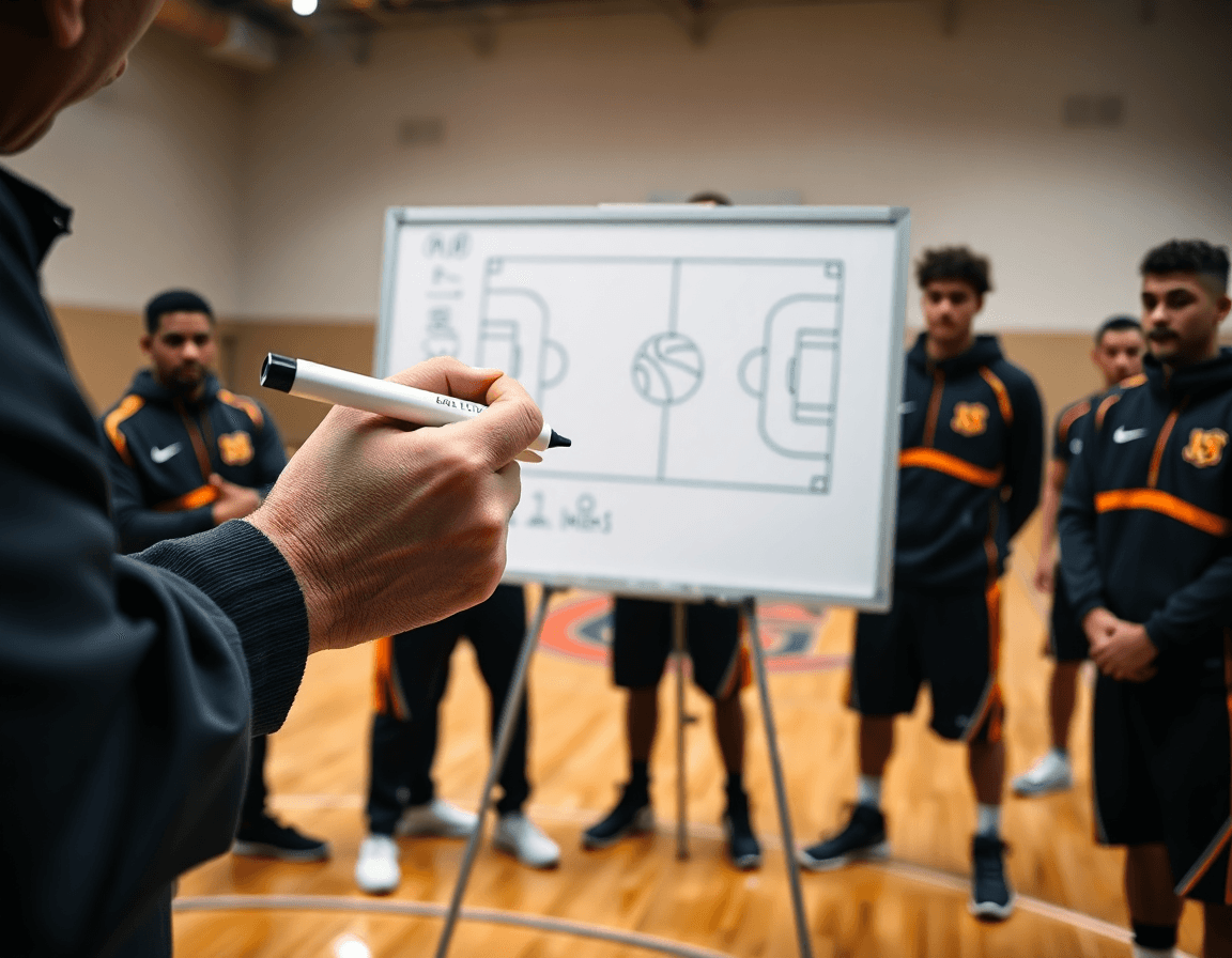 Primer plano de las manos del entrenador sosteniendo baloncesto y dibujando baloncesto cómo se escribe en inglés.