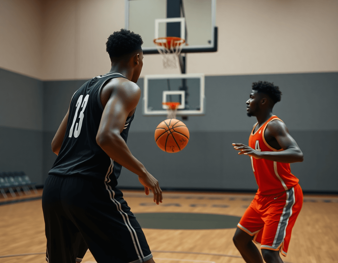 Plano medio de dos jugadores ejecutando un drill de baloncesto cerca de la llave, balón naranja visible.
