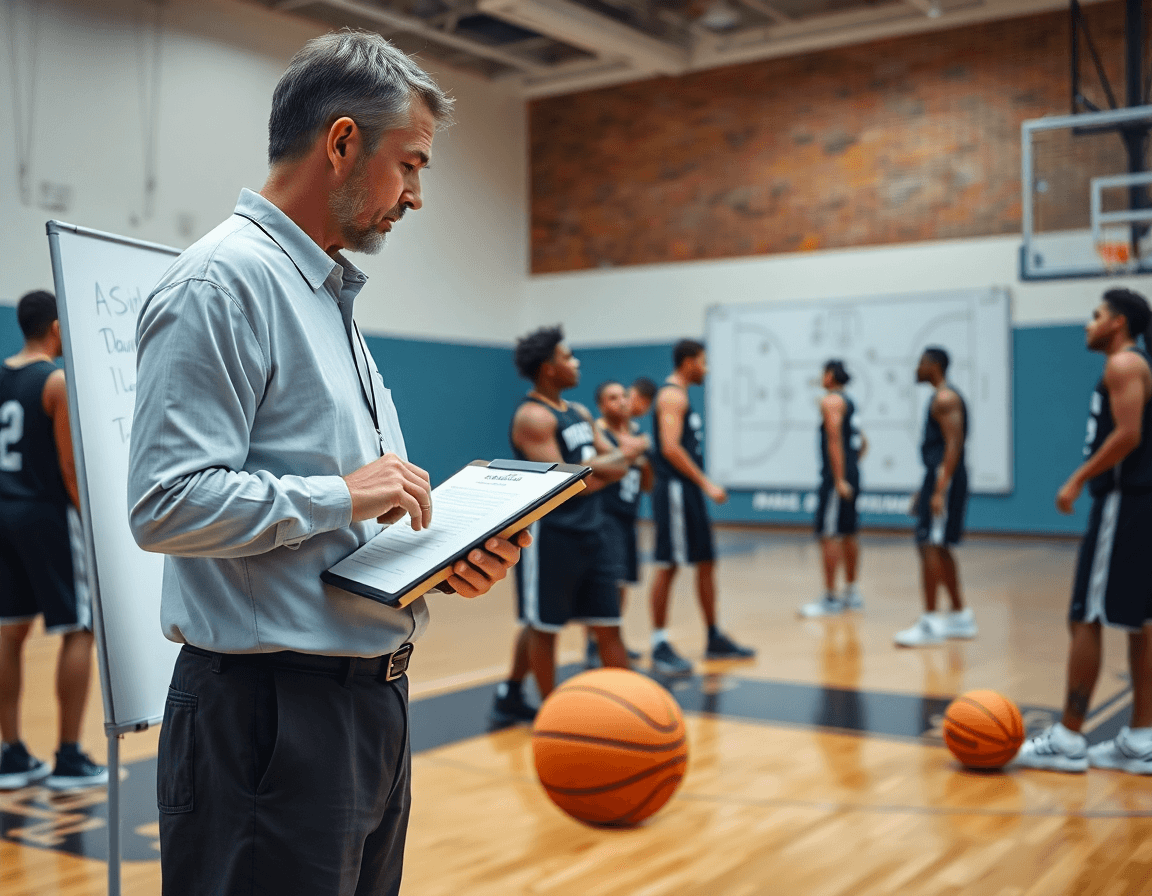 El entrenador con clipboard revisa notas de scouting en inglés junto a jugadores en la cancha de baloncesto.