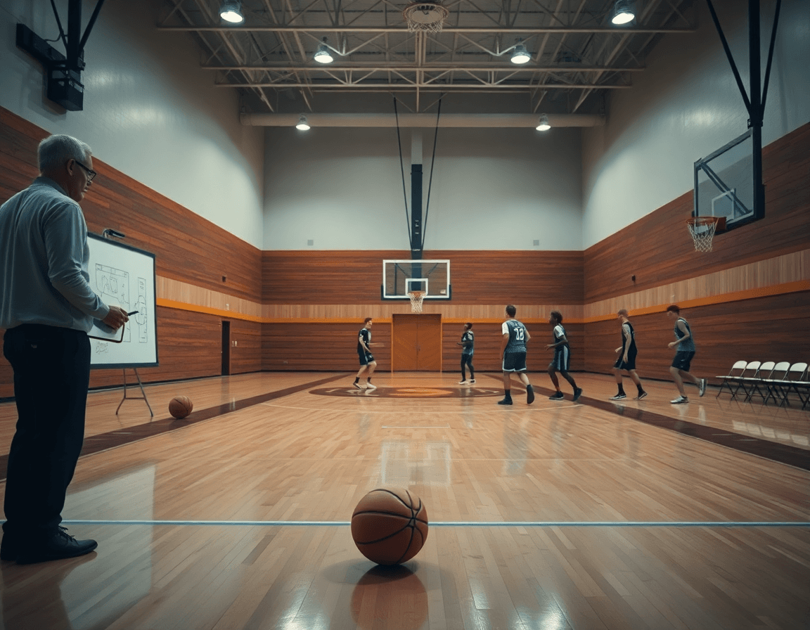 Entrenador dirige baloncesto en una práctica, mostrando baloncesto cómo se escribe en inglés en la pizarra.