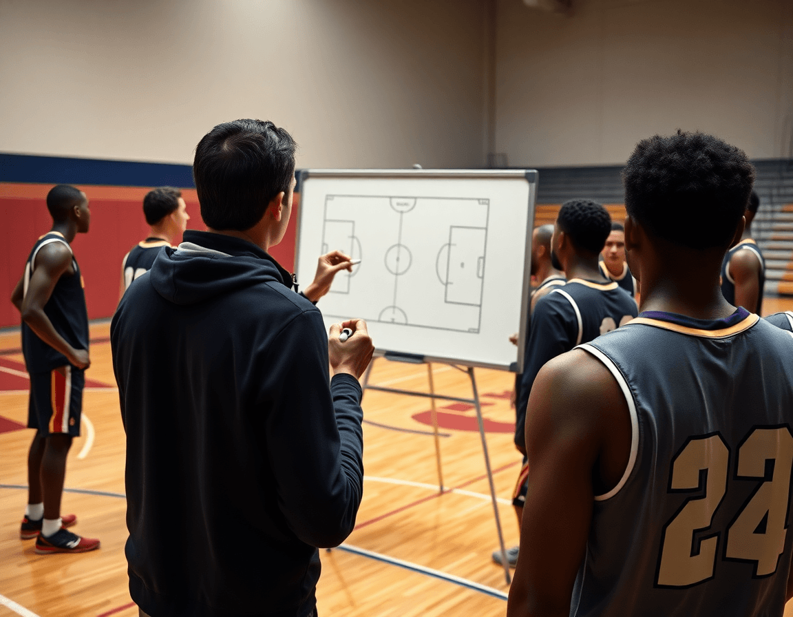 Primer plano: baloncesto como se escribe en la pizarra mientras el entrenador dirige el drill.