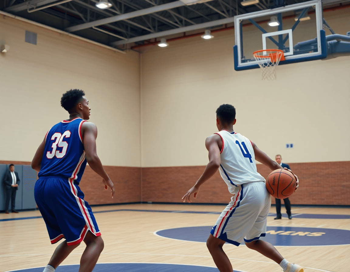 Algunos jugadores ejecutan una acción cerca de la clave, baloncesto como se escribe, bajo la mirada del entrenador.
