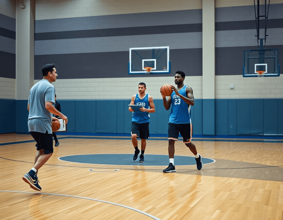 Tres jugadores practican pases rápidos mientras el entrenador señala conceptos de baloncesto como se escribe durante la sesión.