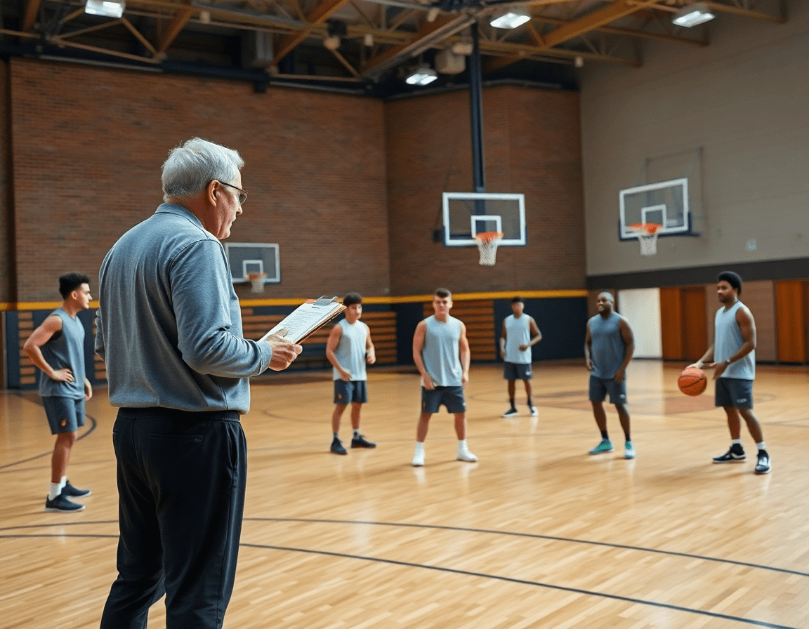 Vista amplia de baloncesto en un gimnasio: baloncesto como se escribe en la planificación del equipo.