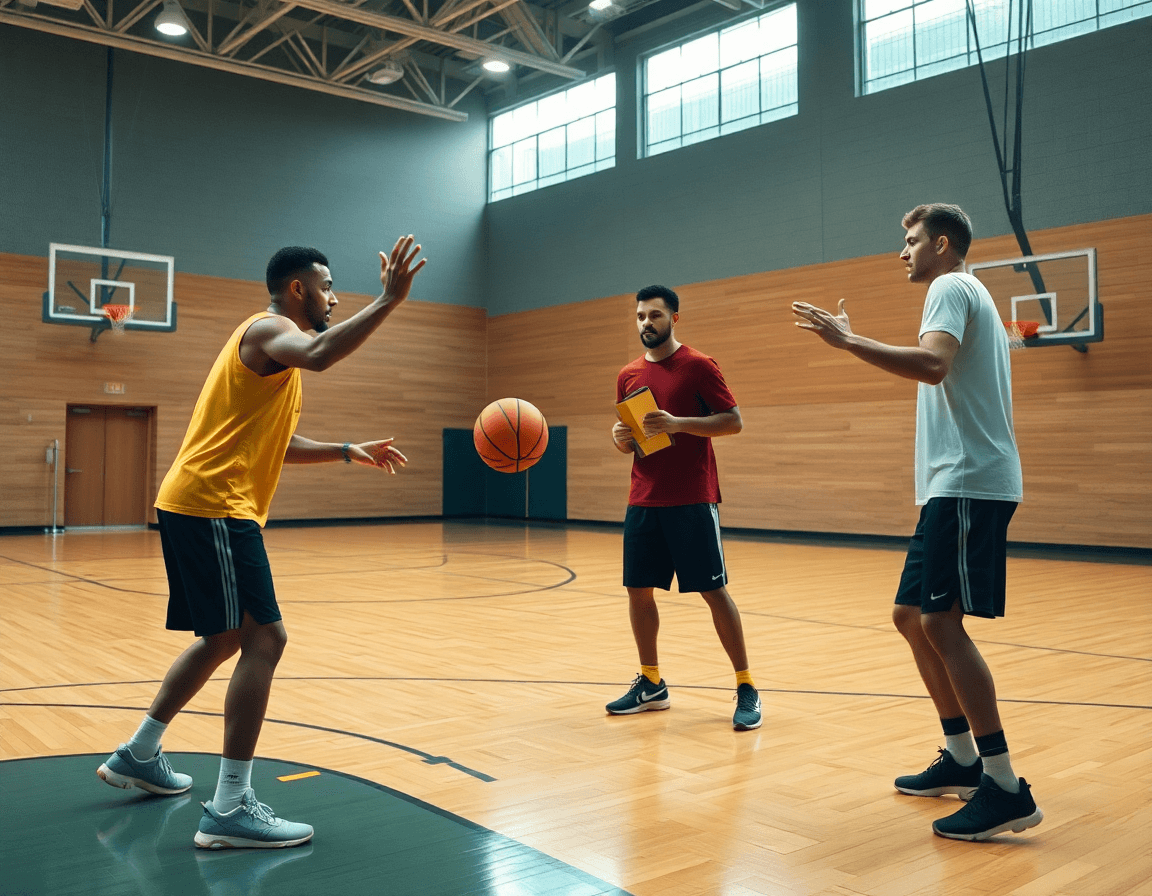 Primer plano de baloncesto como se juega con dos jugadores practicando pases en un gimnasio.
