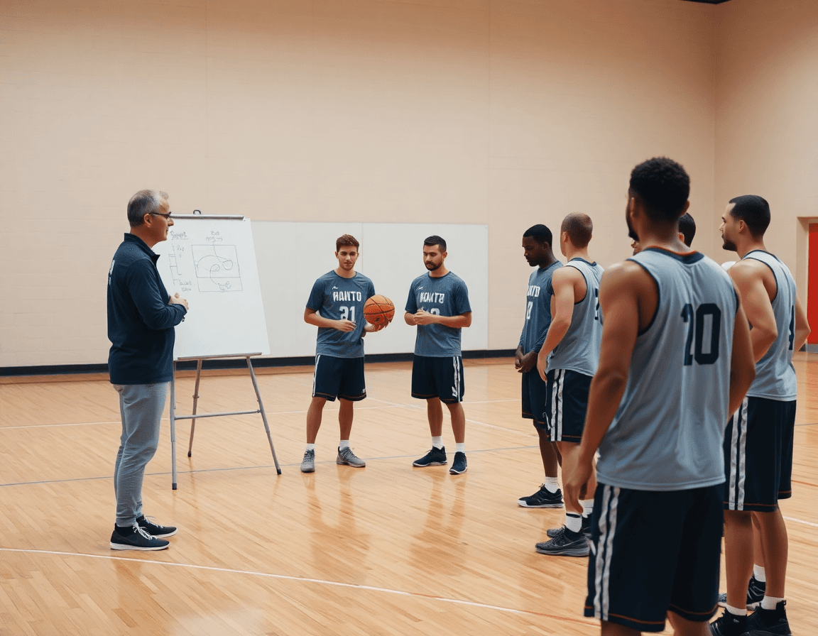 Entrenador junto a la pizarra, dibuja baloncesto como se juega para enseñar jugadas.