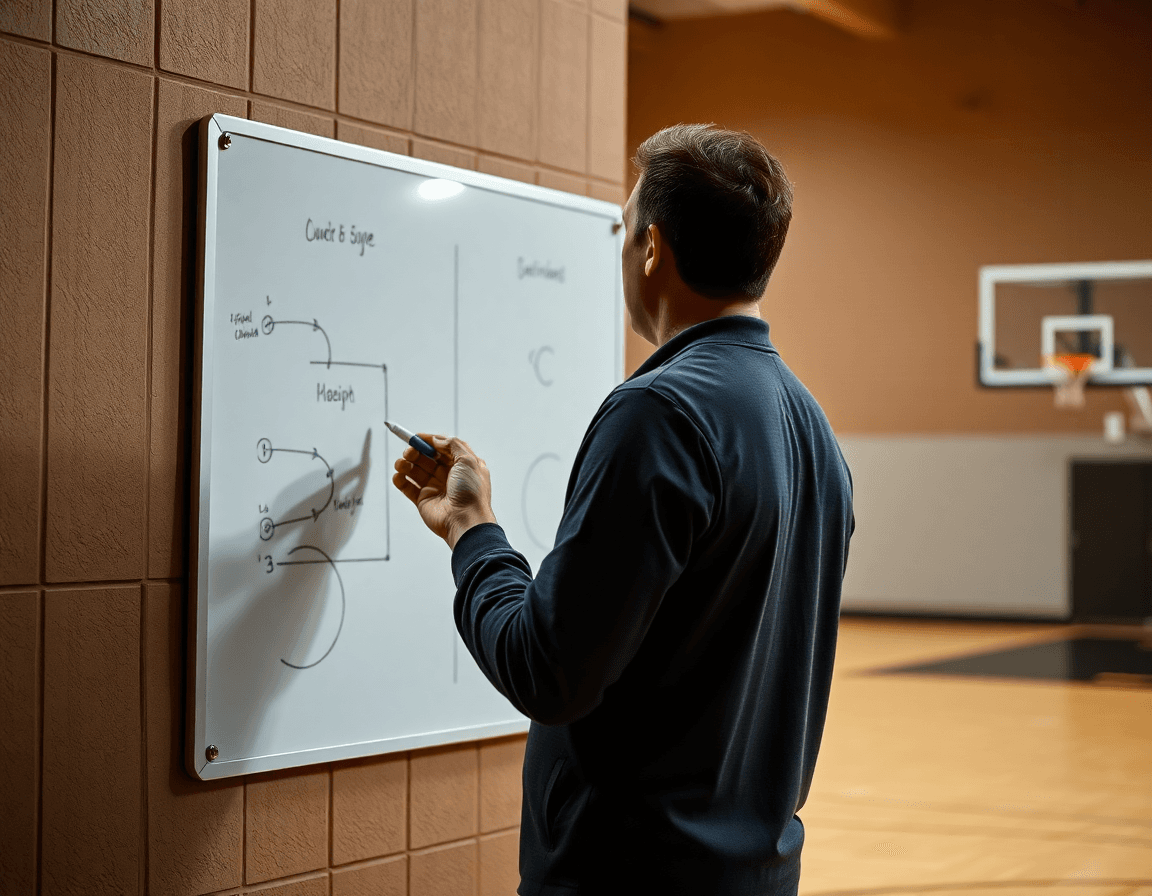 Coach explaining tactics on a gym whiteboard