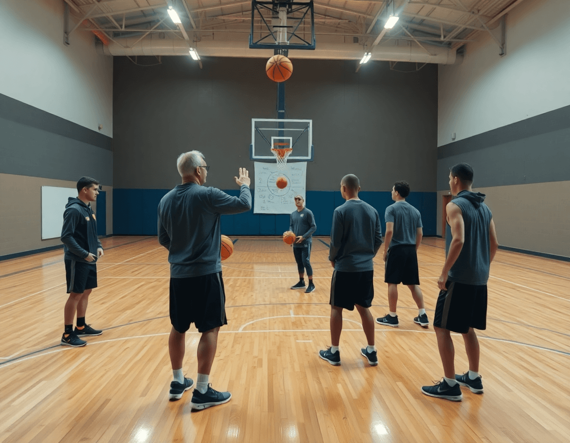 Vista amplia del baloncesto como se juega en un gimnasio, entrenador dirige la práctica.