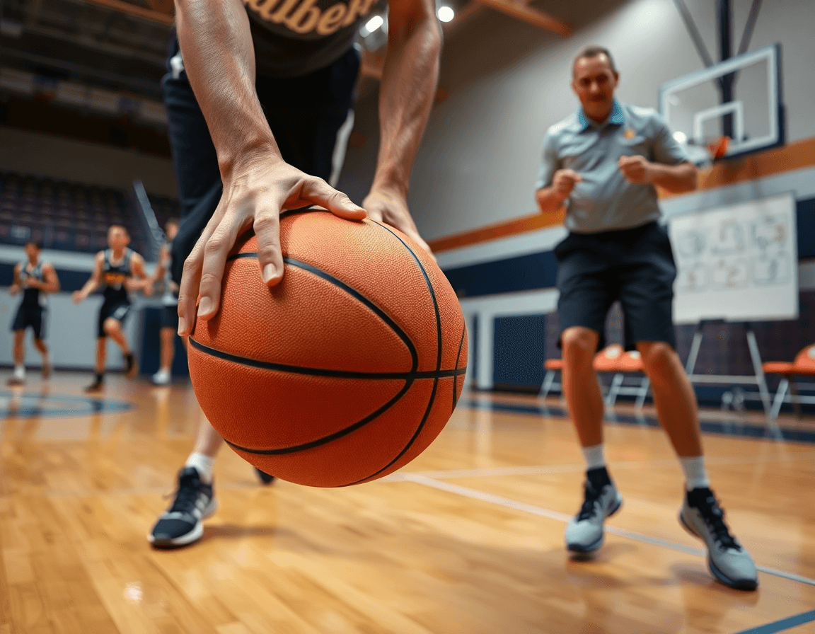baloncesto cómo va el real madrid: primer plano de manos y balón durante un drill en la cancha.