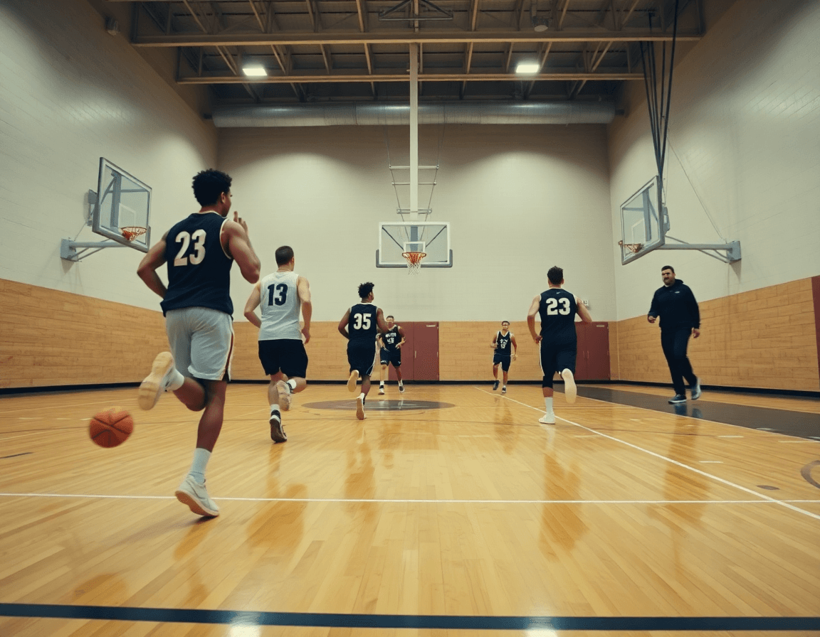 baloncesto cómo va el real madrid: vista lateral de un full-court drill con pase y movimiento.