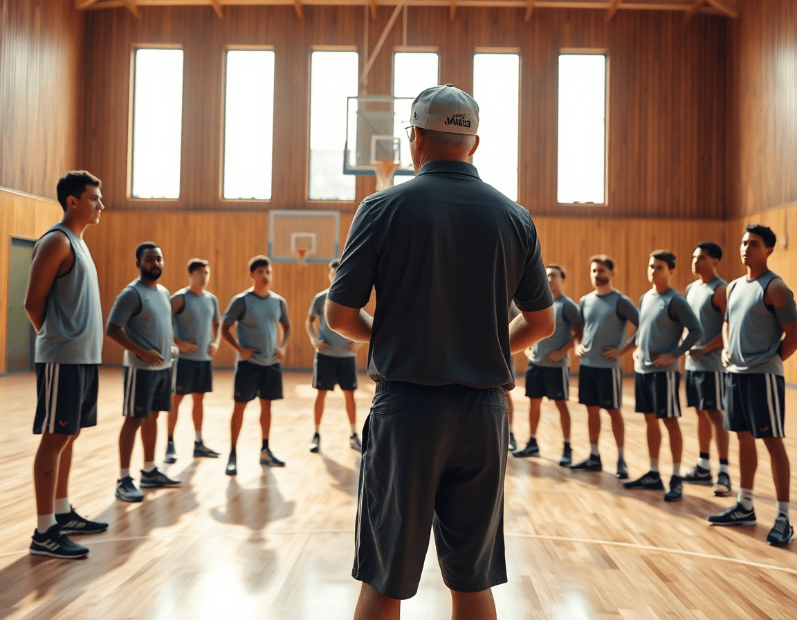 baloncesto cómo va el real madrid: entrenador y equipo practican en una sesión real de gimnasio.