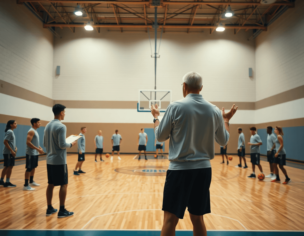 Vista amplia de baloncesto defensa en zona en un gimnasio, entrenador dirige la práctica desde la banda.