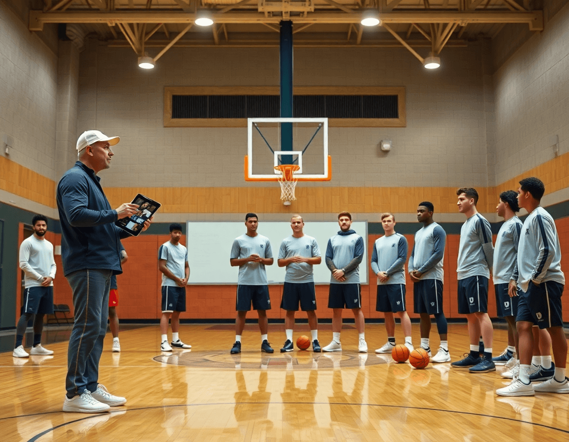 Entrenador guía un plan de baloncesto con baloncesto en la tele apareciendo en una tablet frente al equipo.