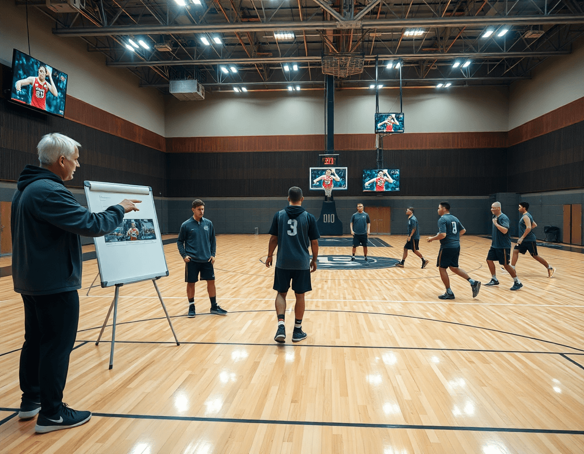 El equipo revisa baloncesto en la tele y luego practica ejercicios de baloncesto en la cancha.