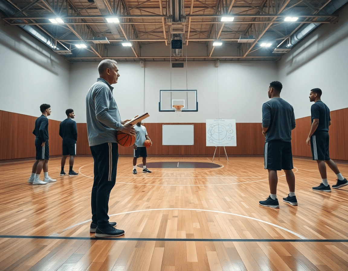 Gran escena de baloncesto en la tele mostrando un entrenador guiando a su equipo durante un entrenamiento.